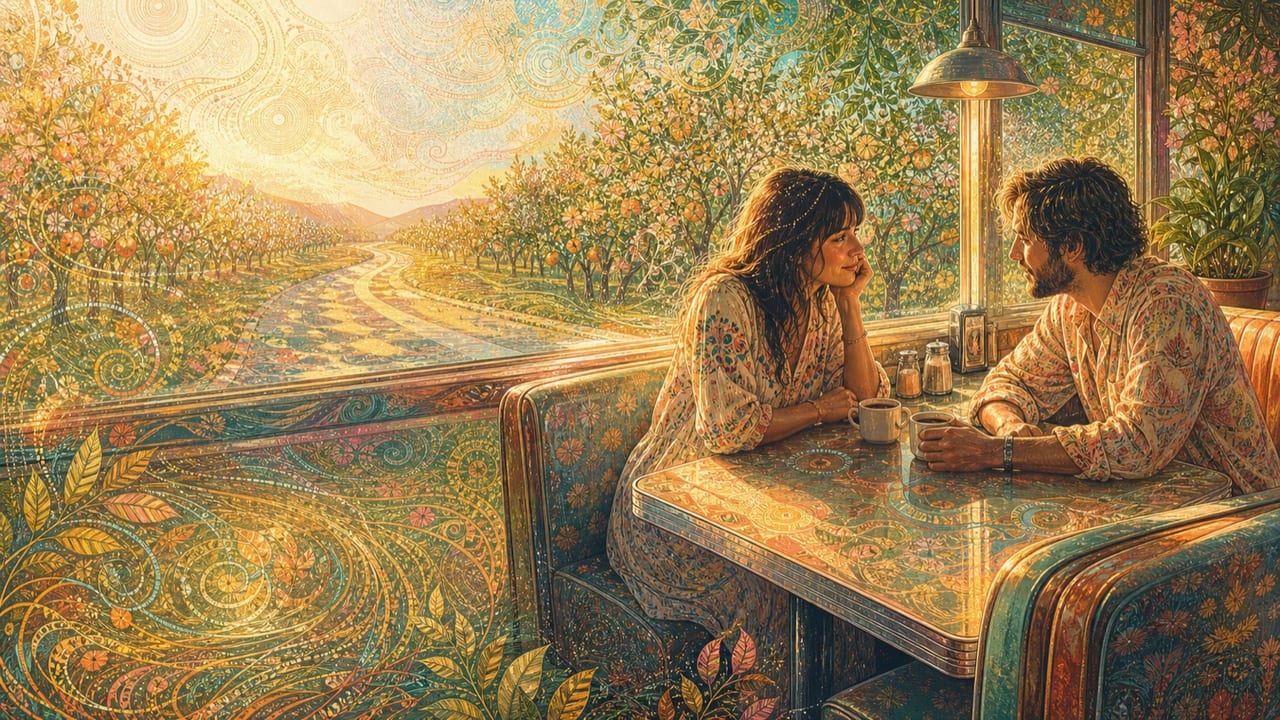 Closer Than Just Friends — Two adult companions sit close over coffee in a sunlit Merced diner booth as an orchard road shines through the window