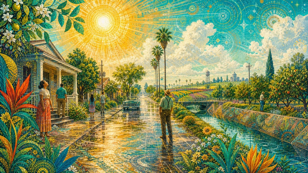 When the Sun Comes Out Again — Adult residents step from porches after a Central Valley rain as a colossal golden sun breaks through and wet Merced streets mirror the sky