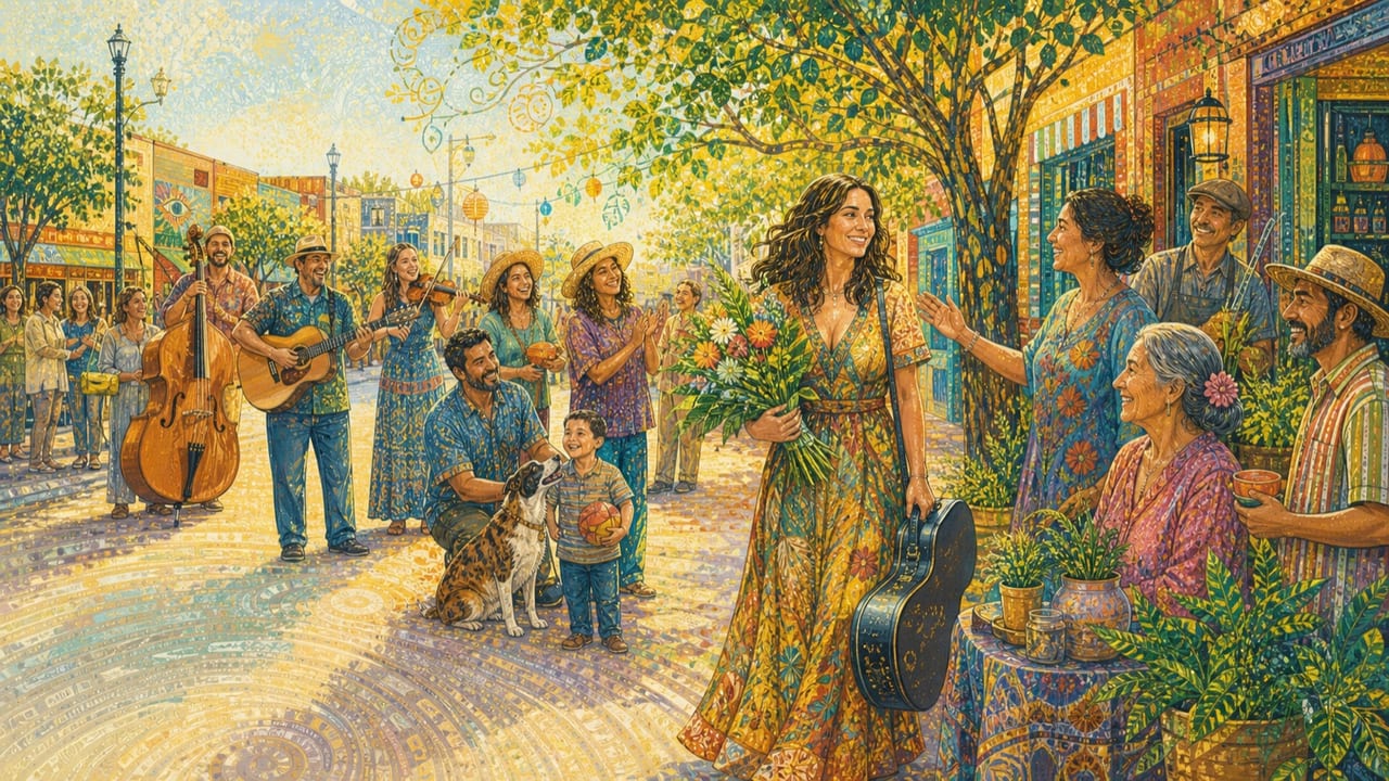 Everybody's Favorite Little Girl — A radiant adult woman greets neighbors at a bright Central Valley block party beneath papel picado, orchard branches and sunlit music