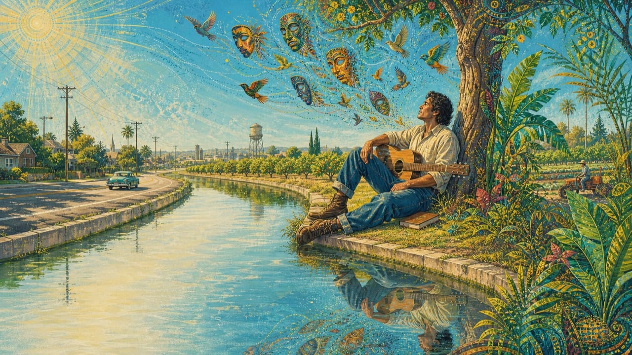 When You Were Just You — A clearly adult musician rests beside a Merced canal with work boots and guitar while elaborate social masks drift away as birds