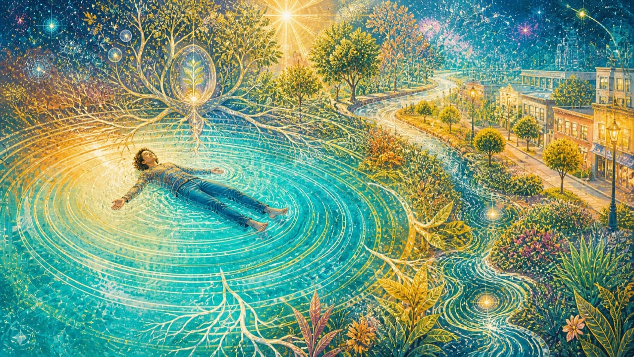 A fully clothed adult floats peacefully in radiant bright water whose concentric pulse becomes roots, orchard, stars and a Merced healing garden A fully clothed adult floats peacefully in radiant bright water whose concentric pulse becomes roots, orchard, stars and a Merced healing garden