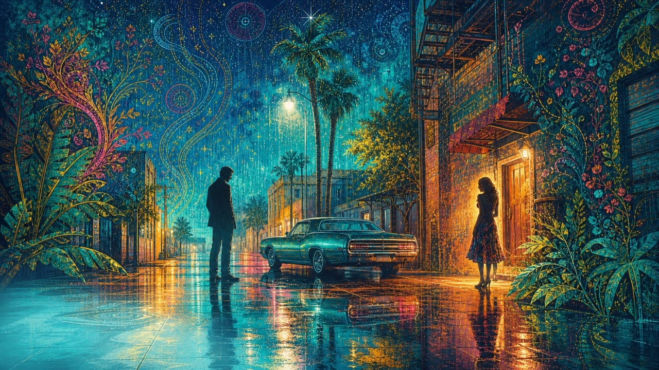 Backstreet Love Affair — A luminous illustrated rain-washed Merced backstreet with two distant figures, a vintage coupe and vivid botanical reflections