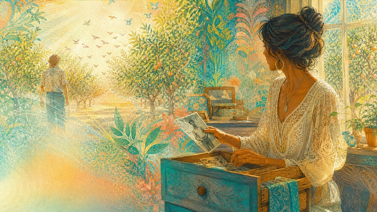 Out of Sight, Out of Mind — An adult woman places an old photograph into a turquoise drawer while the remembered adult figure fades gently into a sunlit orchard