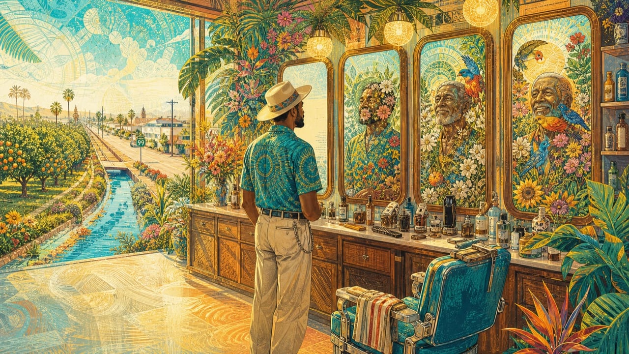 Vanity — A stylish adult studies vintage Merced barbershop mirrors whose reflections become flowers, age lines, birds and honest human warmth Vanity — A stylish adult studies vintage Merced barbershop mirrors whose reflections become flowers, age lines, birds and honest human warmth
