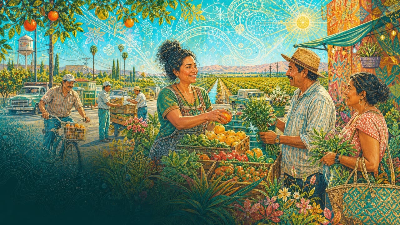 Good Woman — A confident adult woman welcomes neighbors to her bright Central Valley produce stand amid orchards, bicycles, flowers and working hands