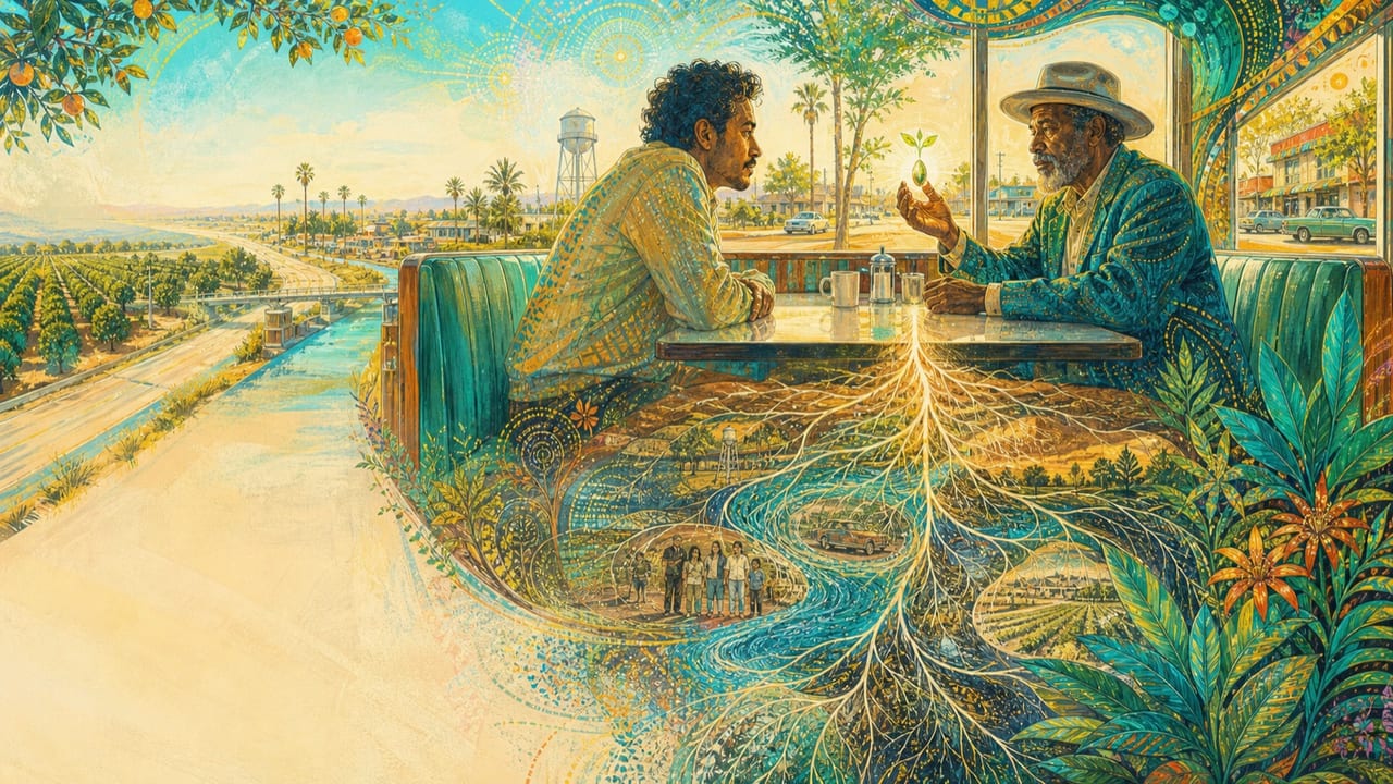 You Don't Know What I Know — Two adults sit in a bright Merced diner as one holds a glowing seed whose roots reveal hidden water, roads and family memories beneath the city