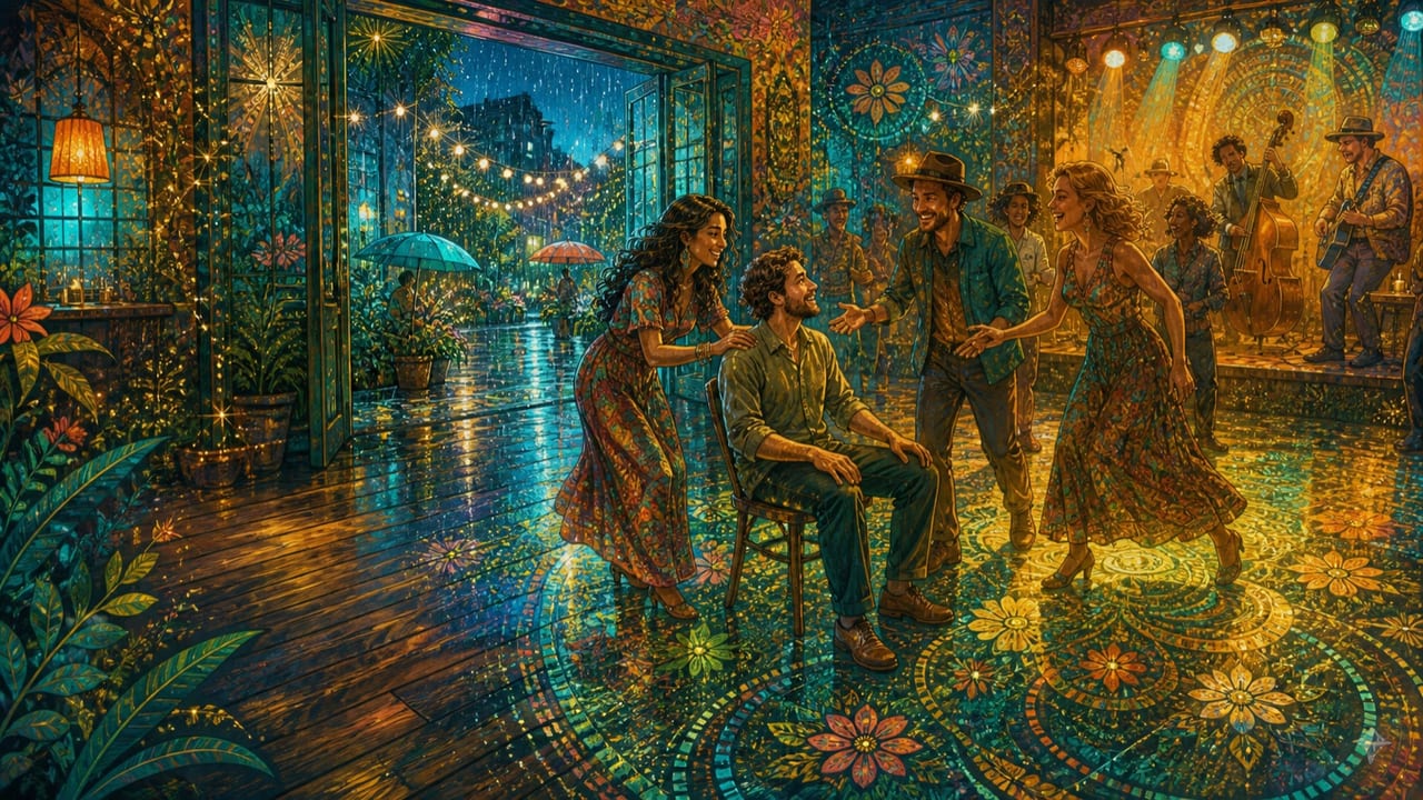 Get Out on the Floor — A jubilant group of adults welcomes a seated friend onto a glowing dance floor while a rainy Central Valley night shines beyond the doors