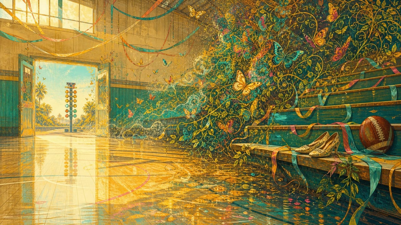 Broken Hearted Little Girl — A wistful illustrated empty school gym after a dance with a crown, abandoned shoes and drag-racing lights glowing beyond the doors