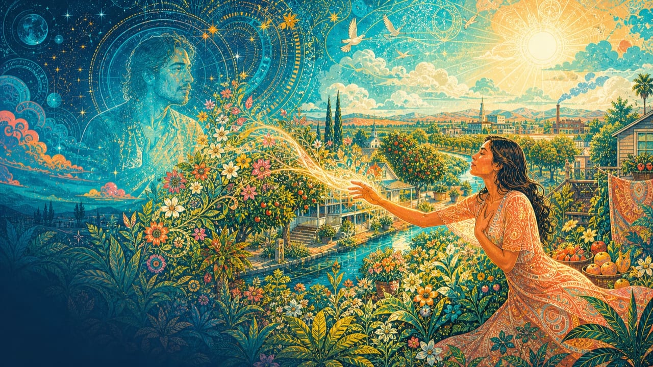 I Love You Dead or Alive — An adult woman reaches across a ribbon of flowers and light toward the warm celestial memory of an adult loved one above a radiant Merced garden