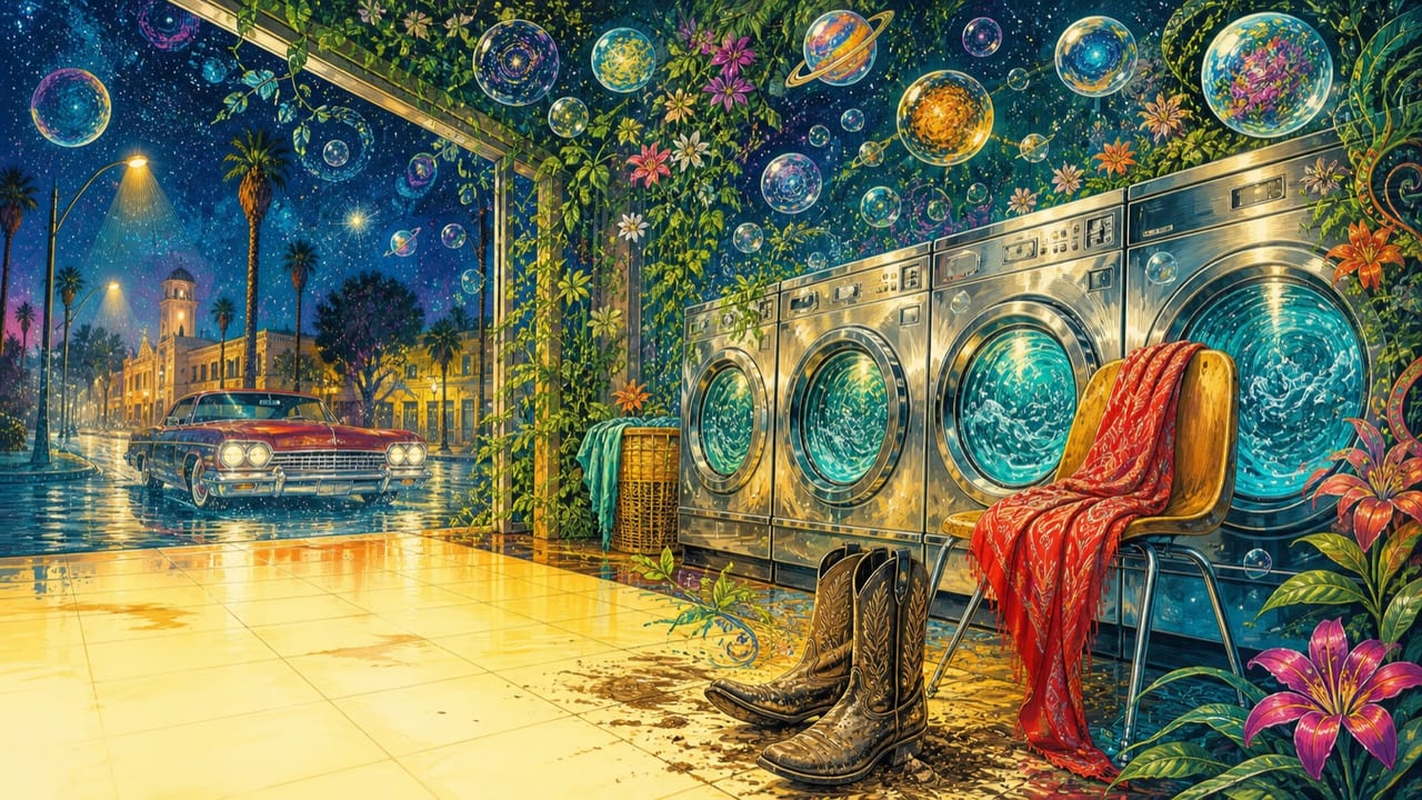 Are You Dirty? — A vivid illustrated late-night Merced laundromat with muddy boots, a red scarf, turquoise water and planetary soap bubbles