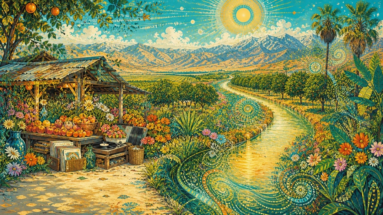 A Little More Than Enough — A bright illustrated Central Valley farm stand overflowing with fruit, flowers and records beside a golden irrigation canal