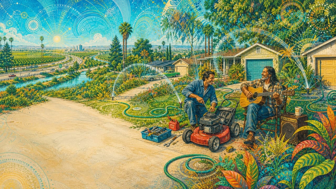 Suburban Bromance — Two adult male friends repair a lawn mower and play guitar in neighboring Merced driveways beneath psychedelic sprinkler arcs
