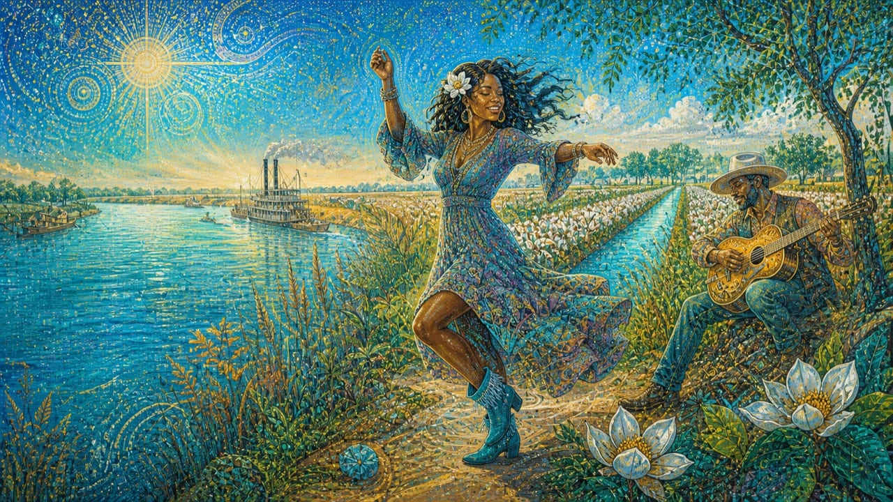 Delta Dancer — A joyful adult woman dances beside a turquoise Delta river while a guitarist plays between magnolias, cotton fields and Central Valley canals Delta Dancer — A joyful adult woman dances beside a turquoise Delta river while a guitarist plays between magnolias, cotton fields and Central Valley canals