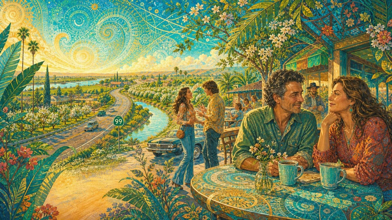 When You and I First Got Together — A clearly adult couple remembers their first meeting at a bright Central Valley roadside café as flowering time spirals connect past and present