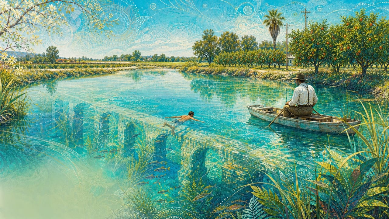 The Bridge Under the Water — A clear Central Valley reservoir reveals an old arched bridge beneath turquoise water while an adult swimmer and boatman watch from above