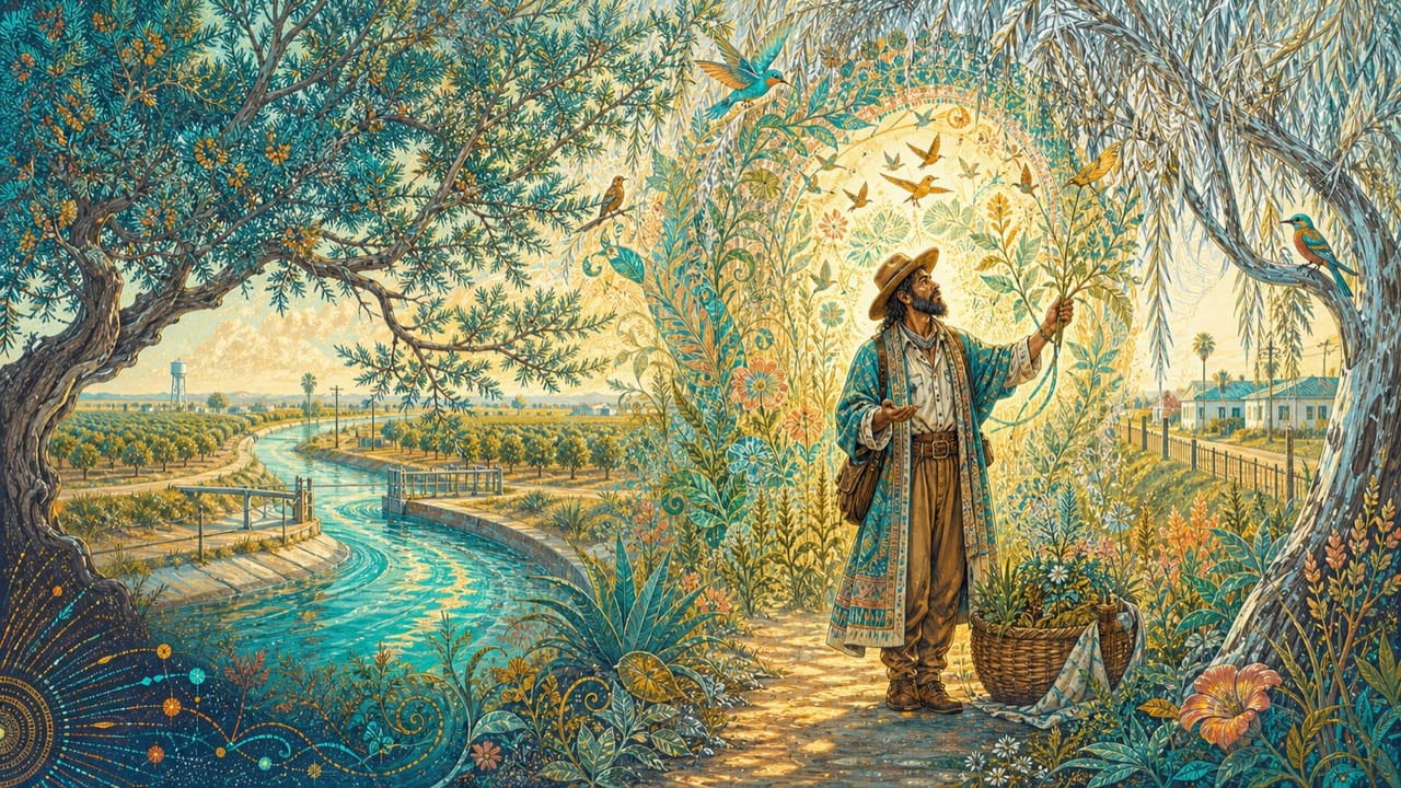Juniper Willow — An adult wandering herbalist gathers luminous plants between a blue-green juniper and silver willow beside a brilliant Central Valley canal