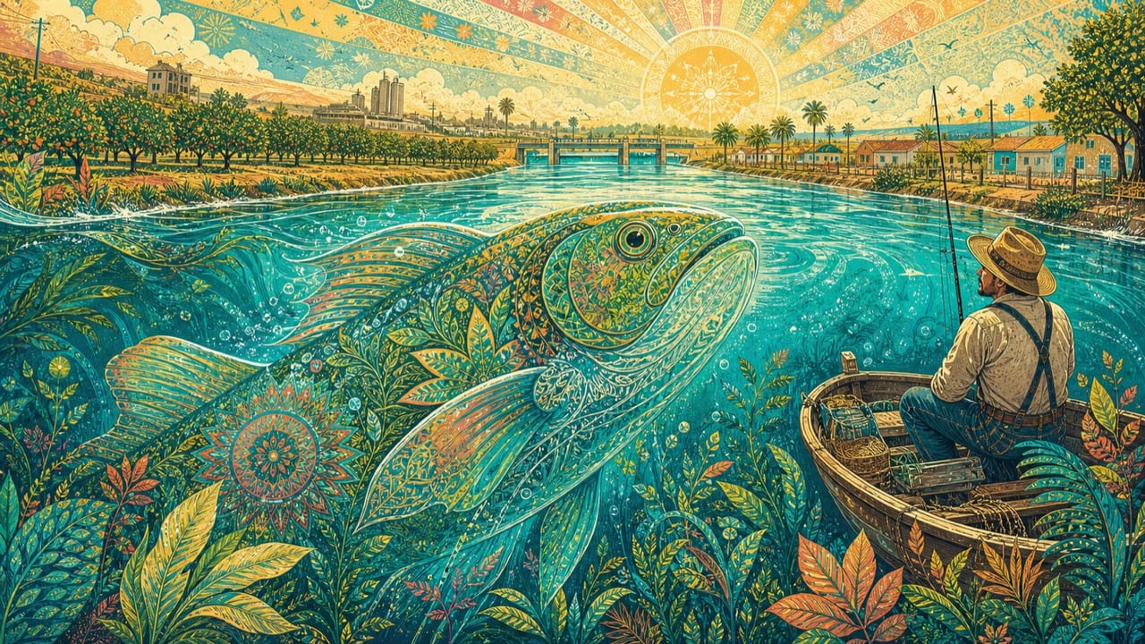 Monsterfish — A colossal friendly fish covered in botanical mandalas glides through a brilliant Central Valley reservoir beside an amazed adult angler