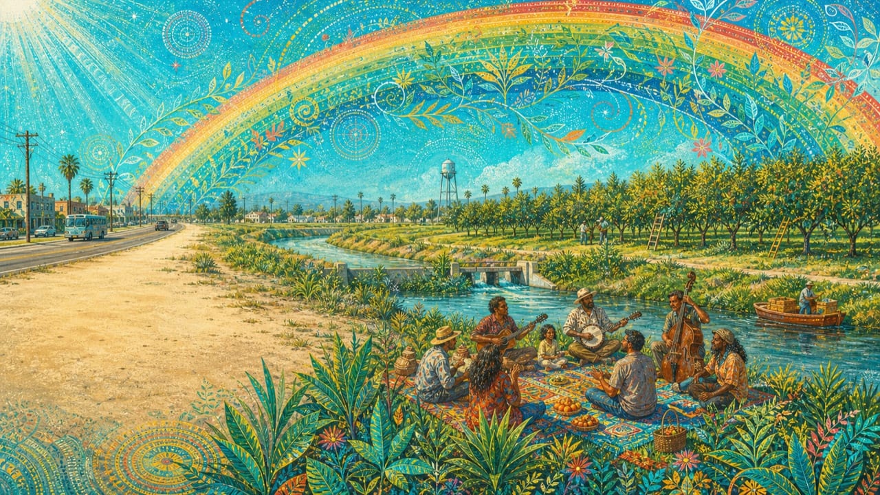 Under the Rainbow Sky — Adults picnic and play folk music beside a Merced canal beneath an immense luminous rainbow woven with botanical patterns