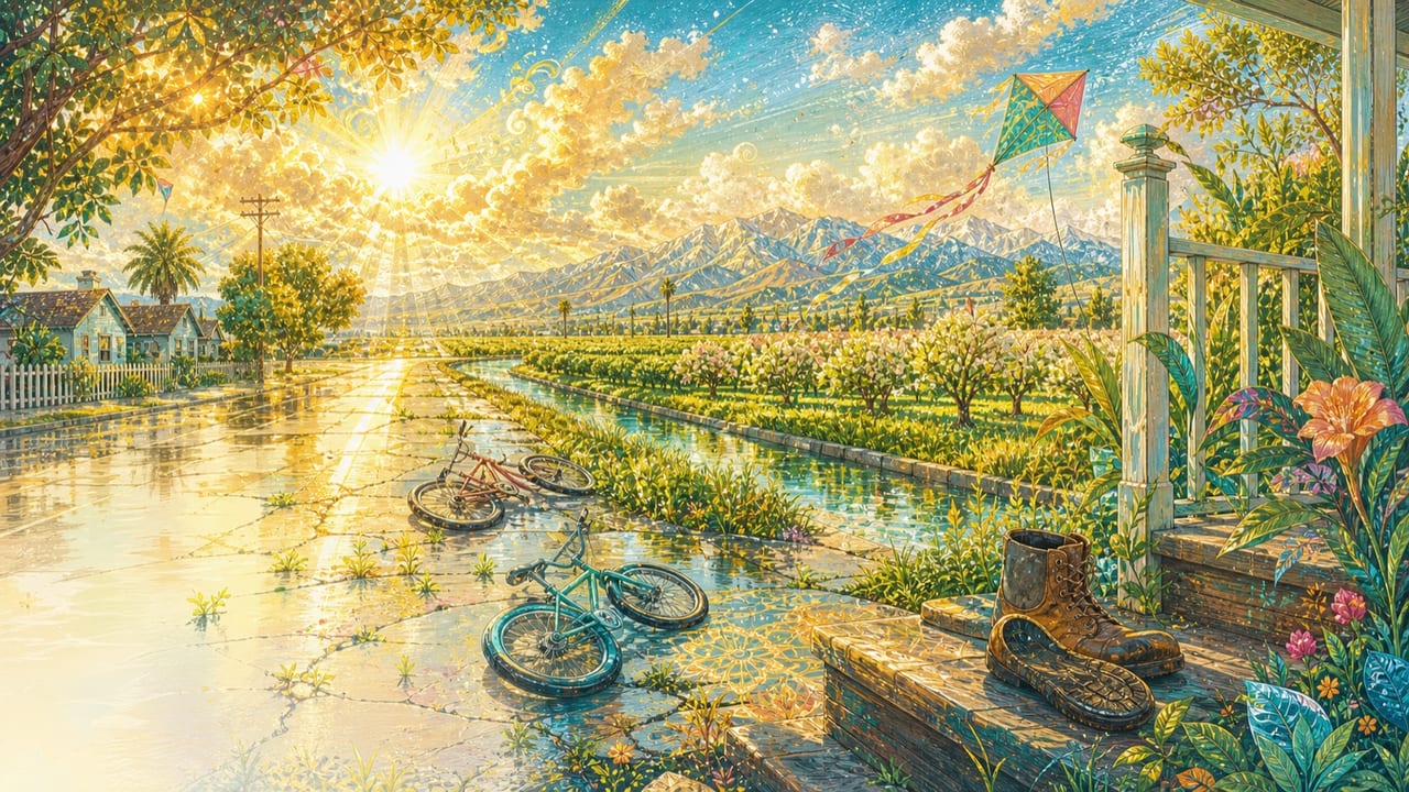 Better Days — A brilliant illustrated Central Valley morning after a storm with wet streets, orchards, bicycles and new growth Better Days — A brilliant illustrated Central Valley morning after a storm with wet streets, orchards, bicycles and new growth