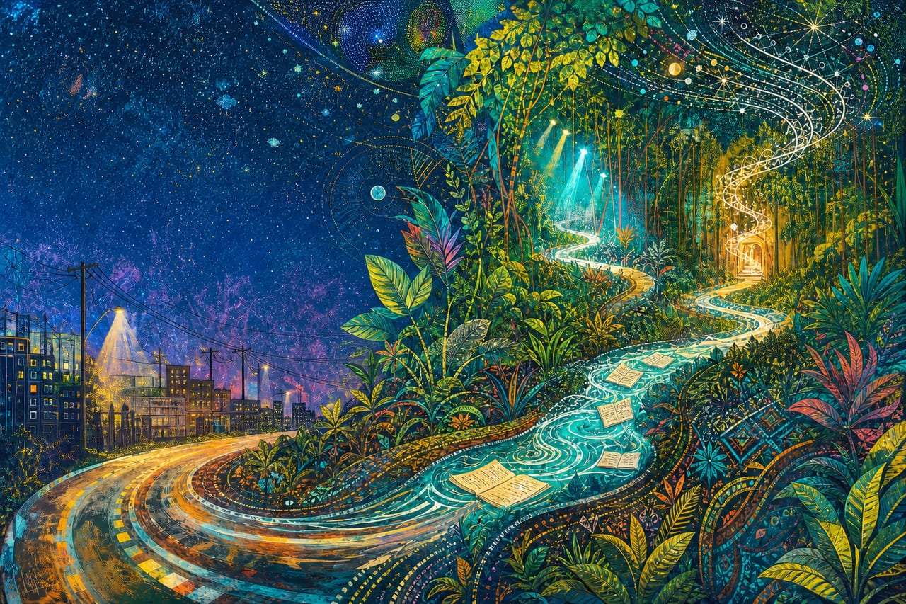 A vivid California road flowing into Amazonian foliage, music and visionary color A vivid California road flowing into Amazonian foliage, music and visionary color