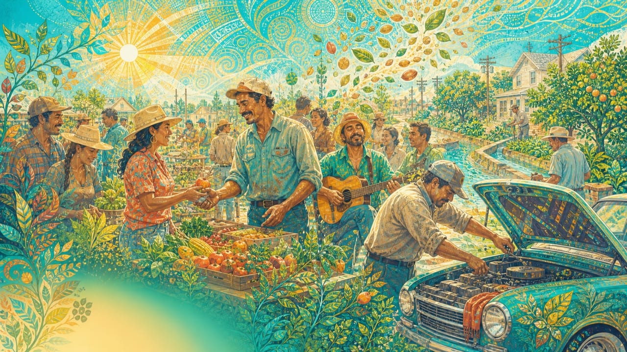 Real Money — Adult farmworkers, a mechanic and a musician exchange produce, repairs and music at a bright Merced street market as coins become seeds