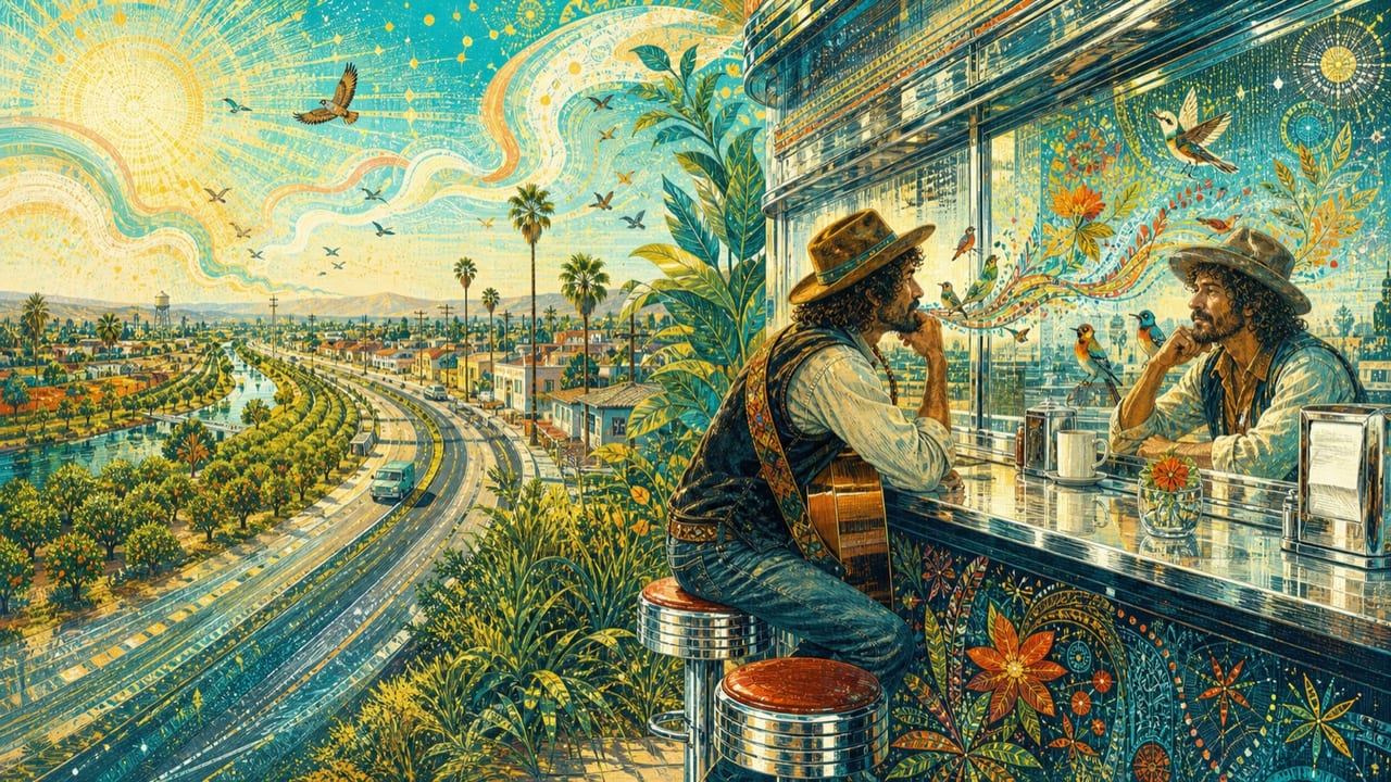 Talking to Myself — An adult rambling musician sits at a bright diner counter facing his reflection as birds, flowers and ribbons flow between them