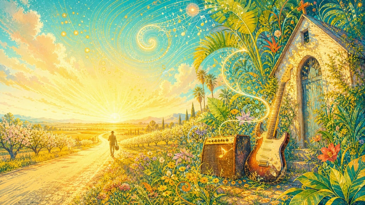 A Little Bit of Heaven, a Little Bit of Rock and Roll — A radiant illustrated Central Valley roadside chapel with an electric guitar, orchard road and spiraling musical sky