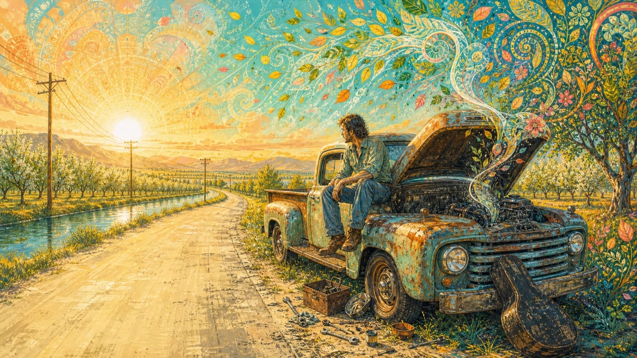 Broke Down Hard — A sunlit illustrated broken-down truck beside a Central Valley road with a rambling musician, tools and a luminous sunrise