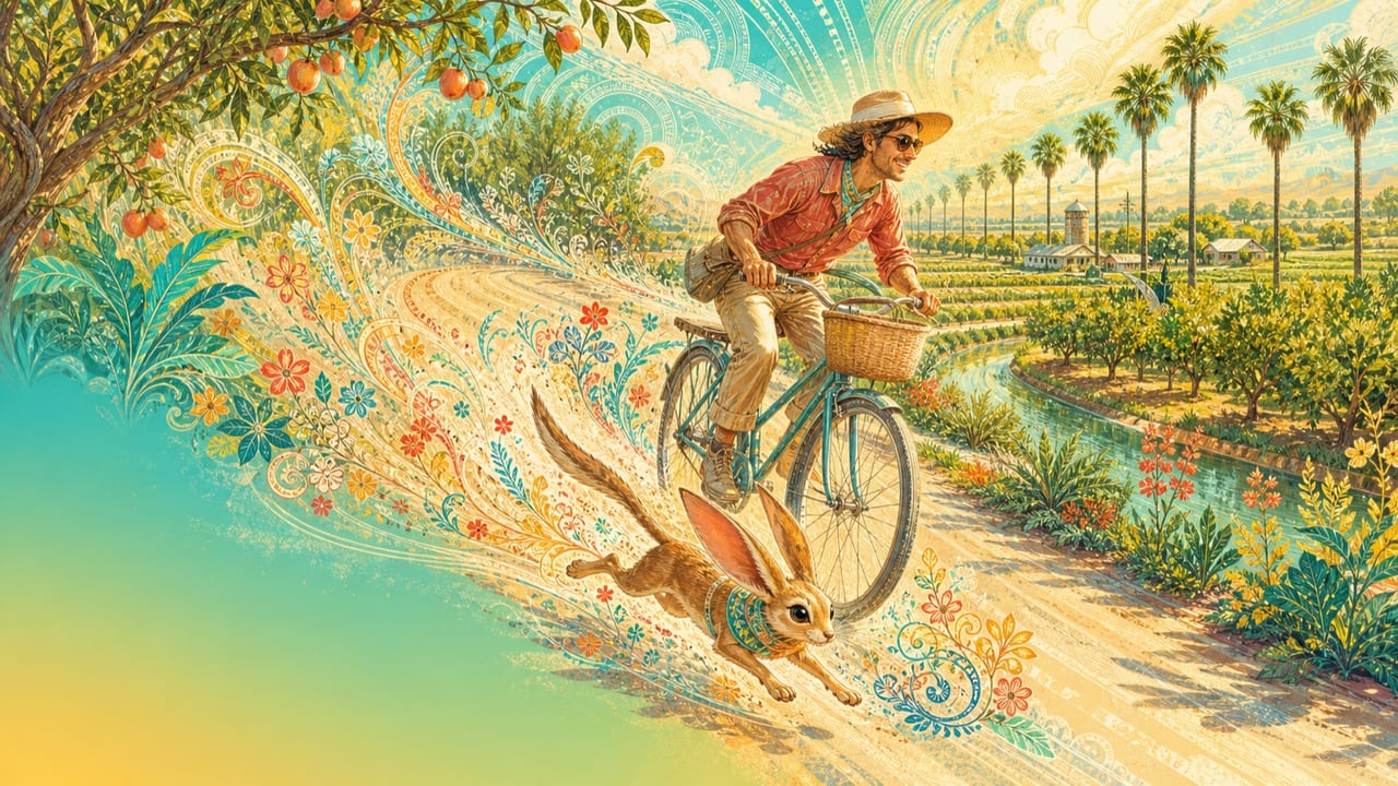 Quicker Than a Quat — A whimsical long-eared desert creature races harmlessly beside an adult bicyclist on a bright Central Valley farm road through swirling flowers