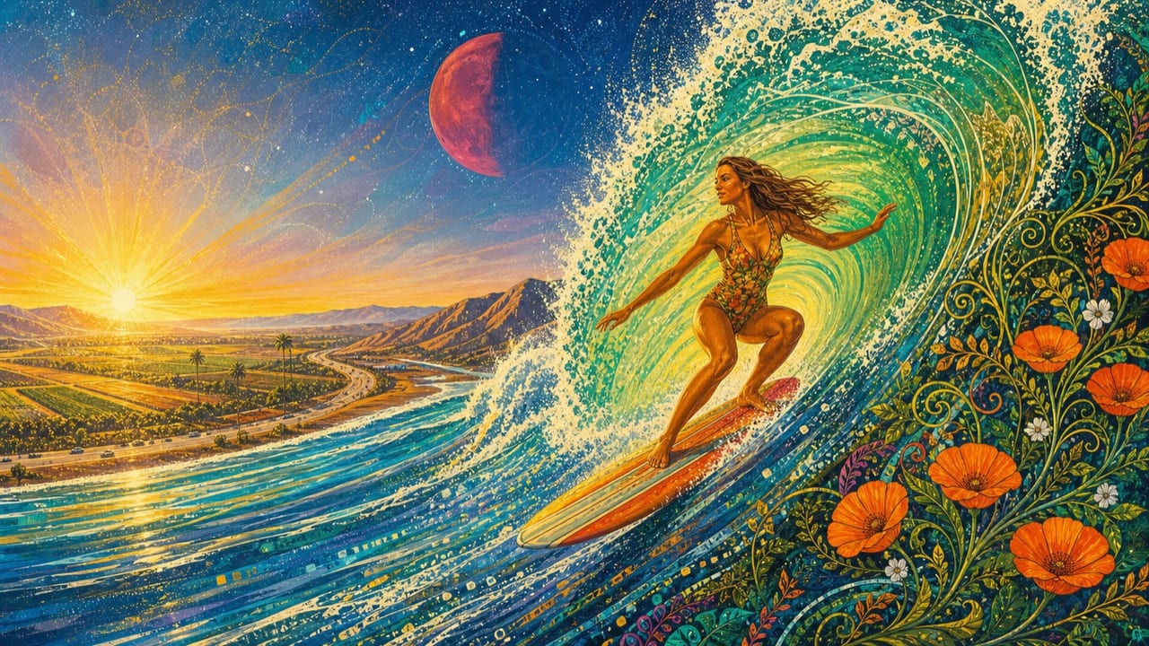 Danger Girl — A fearless adult surfer rides a towering green California wave beneath a fading red moon and a brilliant Central Valley sunrise