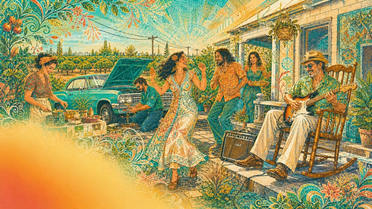 Papa Rocks — A lively adult father plays electric guitar from a rocking chair on a bright Merced porch while his adult family dances, cooks and repairs a car