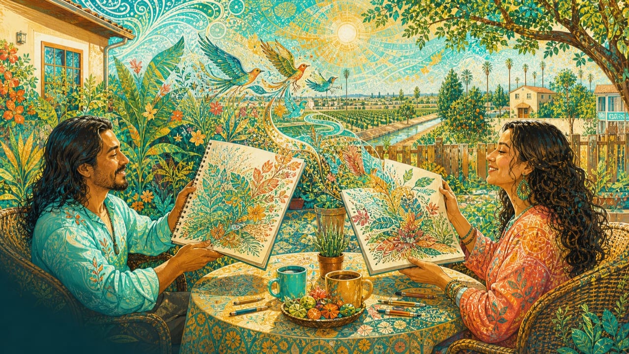 I'll Show You Mine If You Show Me Yours — Two adult artists exchange open sketchbooks across a sunny backyard table as their drawings become birds, river paths and flowering plants