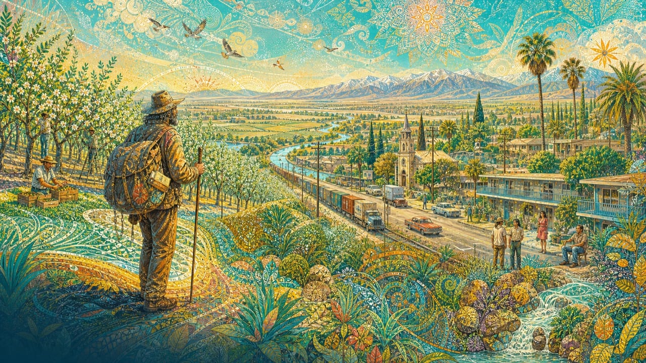 Godland — An adult rambling traveler overlooks a radiant Central Valley mandala of orchards, irrigation canals, freight lines, working neighborhoods and distant mountains