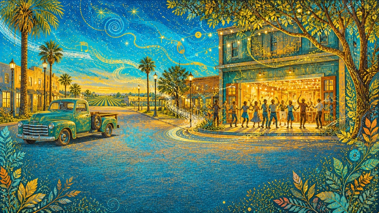 Any Old Saturday Night — A bright illustrated Saturday-night music hall on a Central California main street