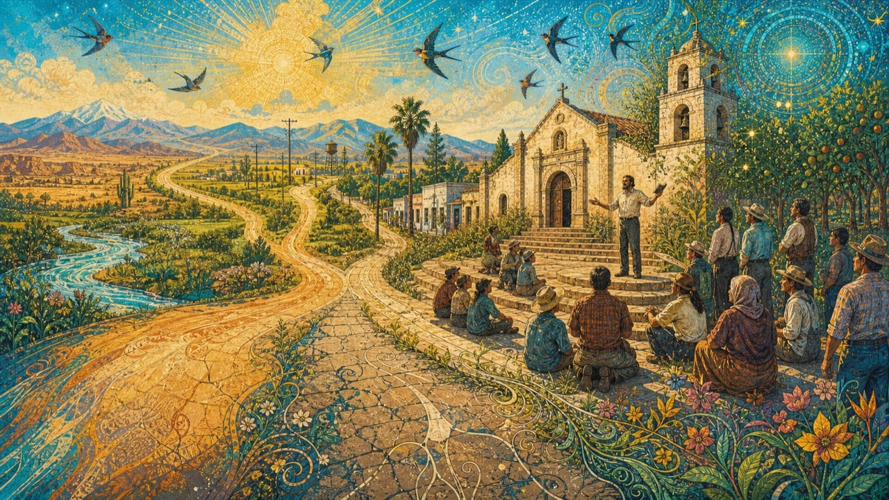An adult folk preacher speaks on modest mission steps as four roads lead through river, desert, mountain and orchard beneath circling swallows An adult folk preacher speaks on modest mission steps as four roads lead through river, desert, mountain and orchard beneath circling swallows