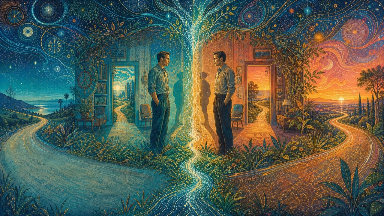 Two adult identical twins stand in mirrored rooms divided by a river of light as their shadows and Central California roads cross identities Two adult identical twins stand in mirrored rooms divided by a river of light as their shadows and Central California roads cross identities