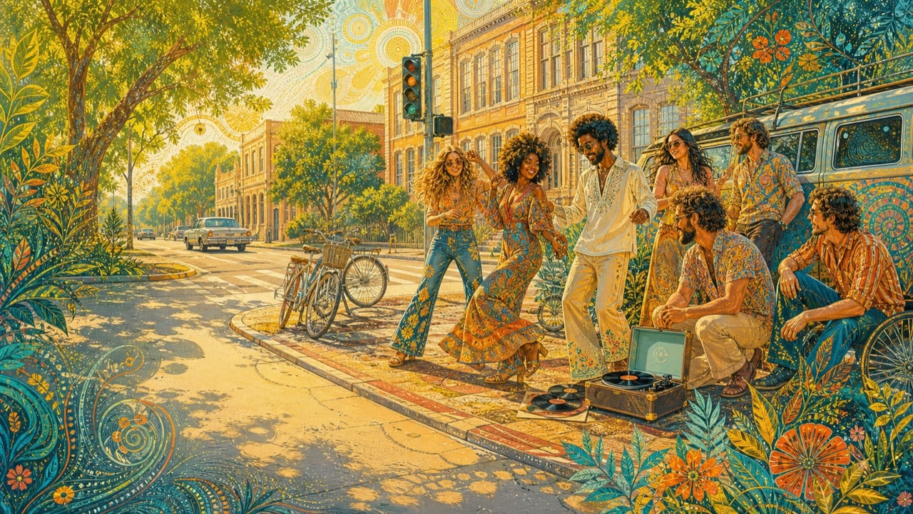 Cool Kids' Corner — A joyful group of adult friends dances beside records, bicycles and a painted van on a brilliant vintage Merced street corner
