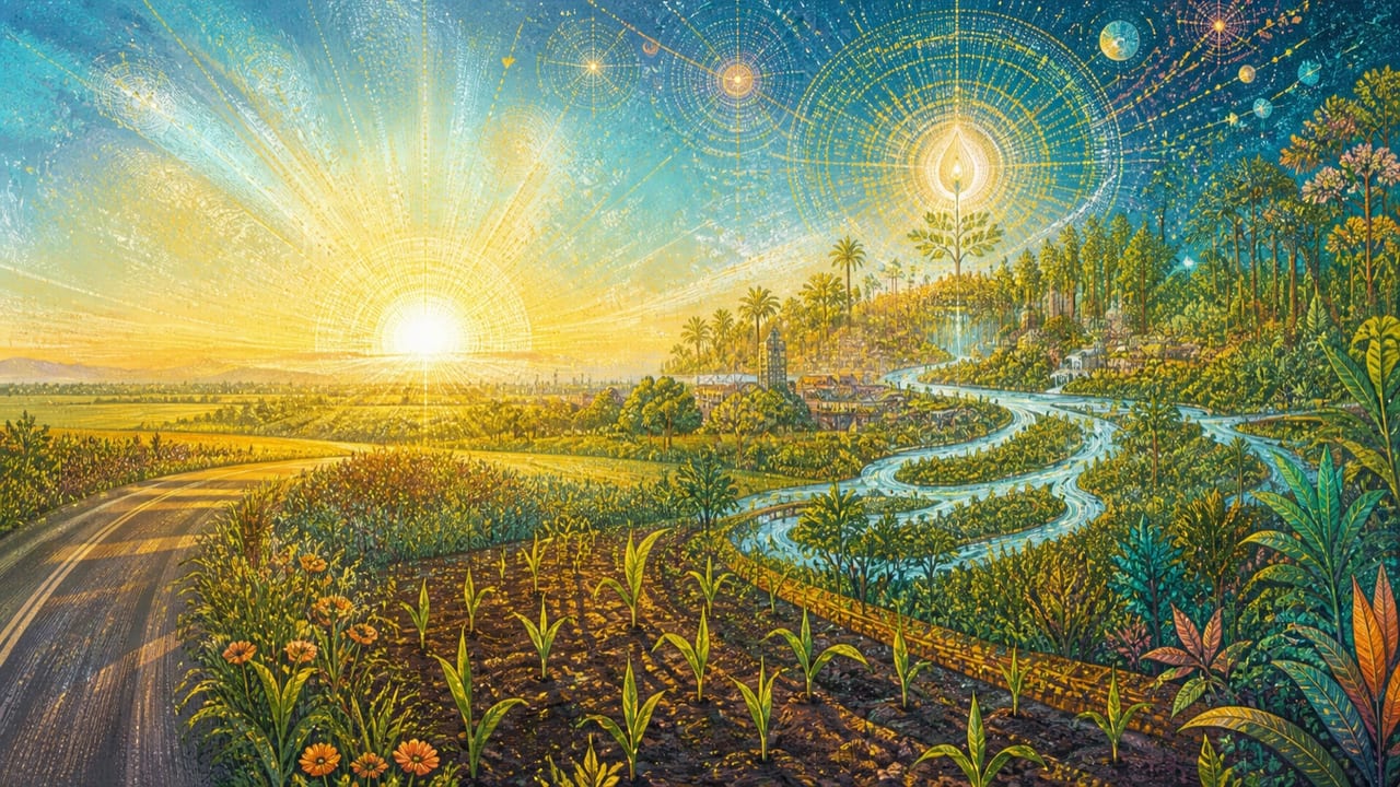 First shoots, a branching river, a new town and rainforest rise together beneath a radiant celestial seed over Merced fields First shoots, a branching river, a new town and rainforest rise together beneath a radiant celestial seed over Merced fields