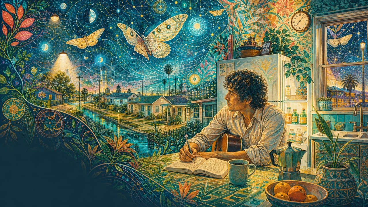 It's Always the Middle of the Night — An adult songwriter works in a luminous Merced kitchen at night while moths, clocks, moon phases and flowering constellations fill the sky outside