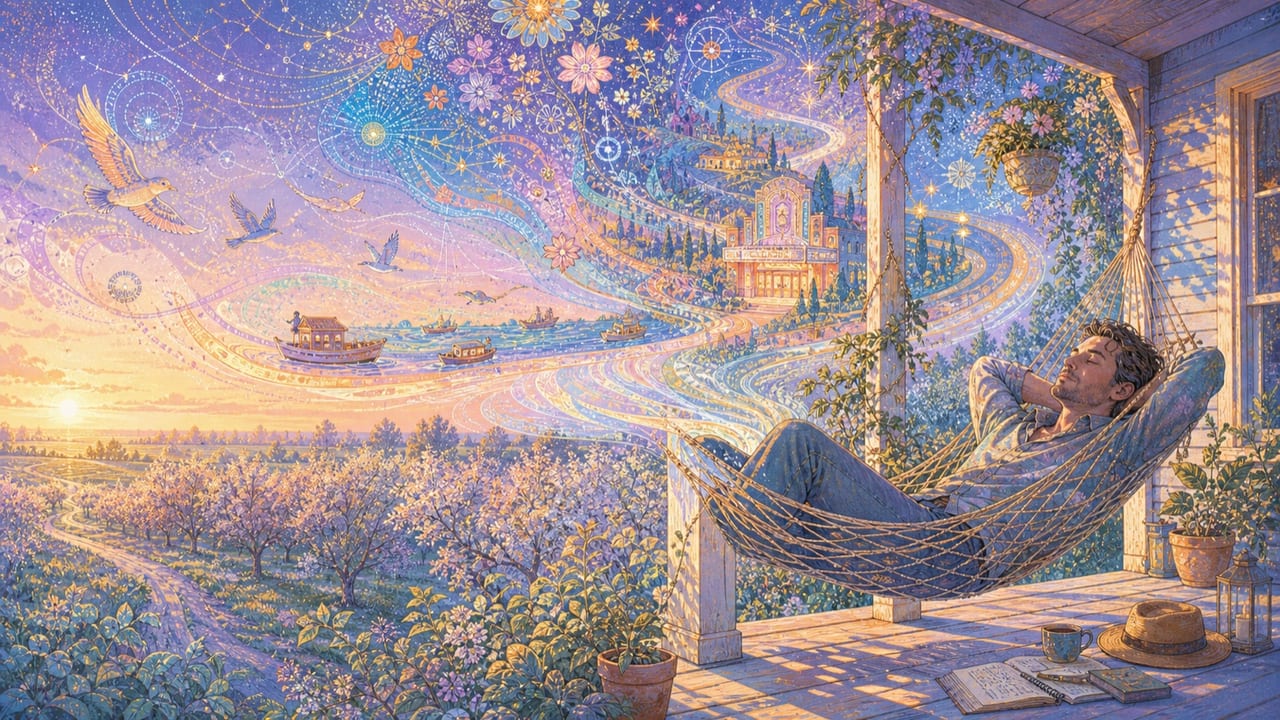 Dream Away — An adult songwriter dreams in a Merced porch hammock as floating roads, theaters, boats, birds and flowering constellations unfold above the orchard