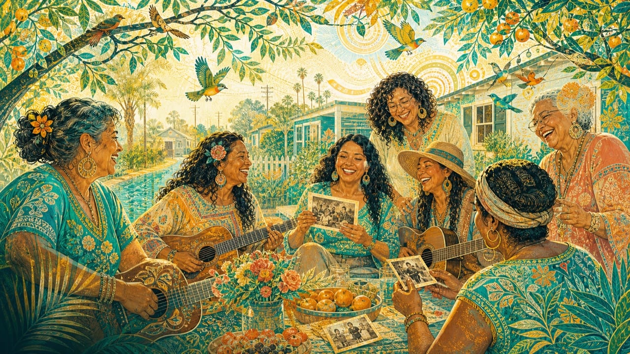 My Girls — A joyful multigenerational group of adult women shares guitars, food, jokes and family photographs beneath a bright Central Valley citrus tree