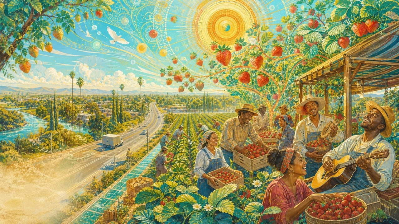 Strawberry — Adult farmworkers and musicians celebrate a radiant Central California strawberry harvest as red berries expand into botanical suns Strawberry — Adult farmworkers and musicians celebrate a radiant Central California strawberry harvest as red berries expand into botanical suns