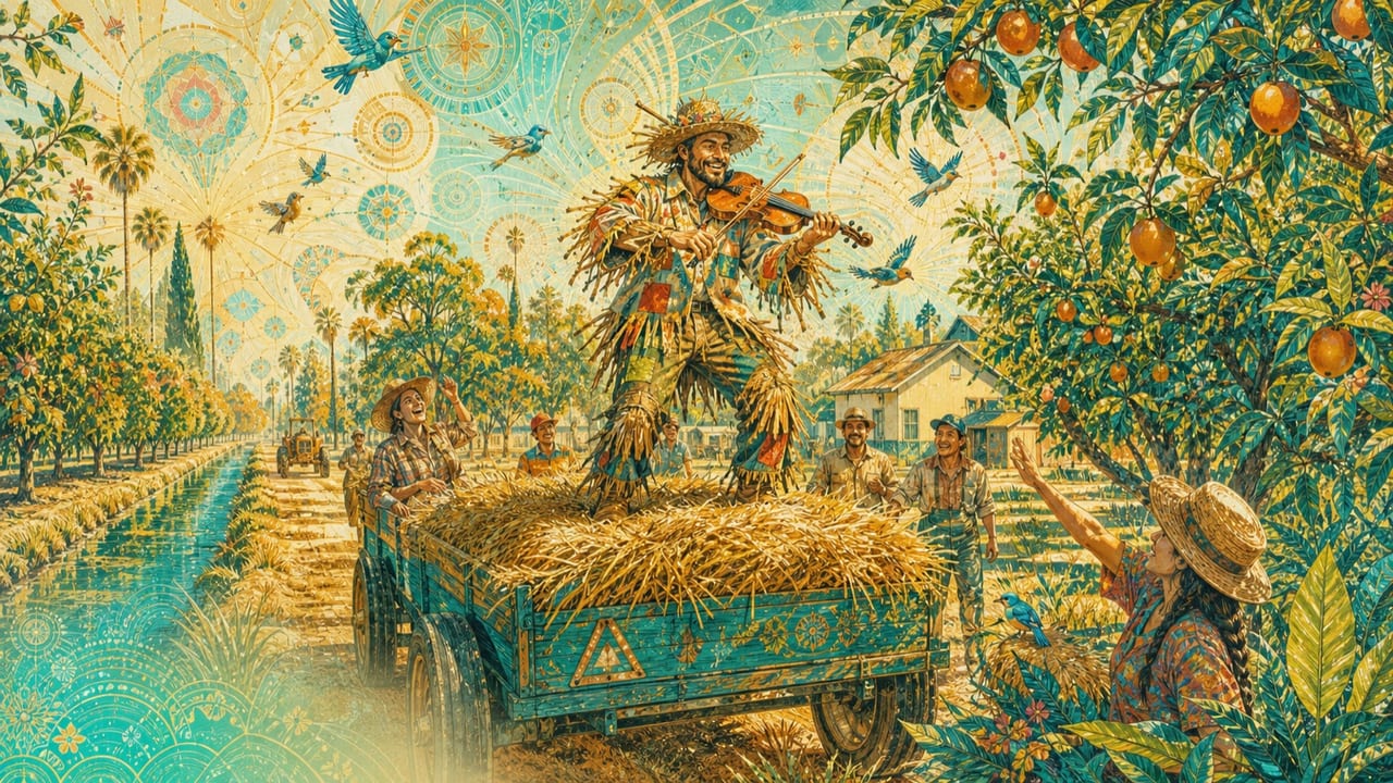 Scarecrow Sam — An adult farmhand dressed as a lively scarecrow plays fiddle from a hay wagon while birds and flowers dance across a radiant Merced field