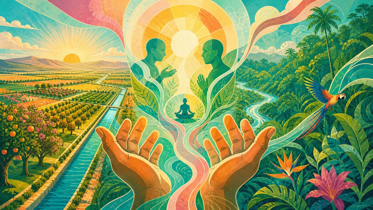 Bright open hands connecting Central Valley orchards and irrigation with Amazon rainforest and compassionate conversation Bright open hands connecting Central Valley orchards and irrigation with Amazon rainforest and compassionate conversation