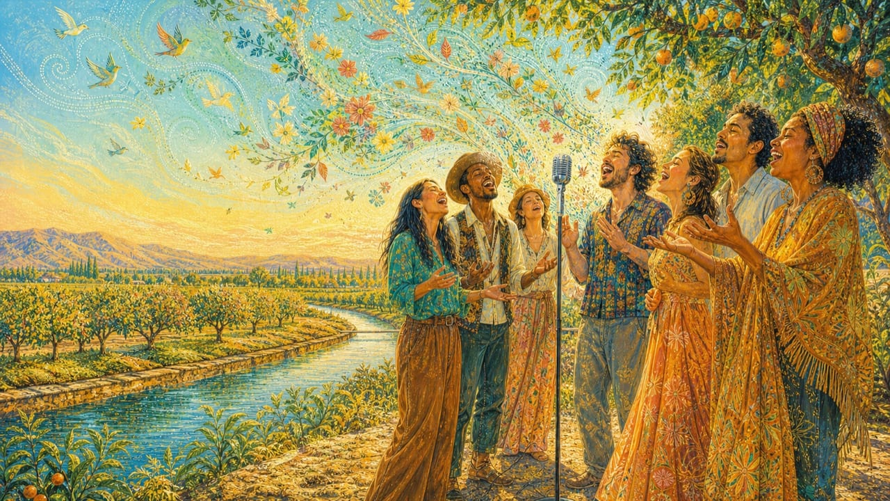 Chorus — A joyful group of adult singers surrounds a vintage microphone beside a bright Merced orchard and irrigation river as their shared breath becomes birds and flowers