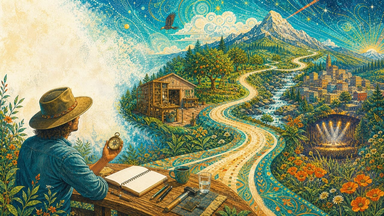 An adult traveler studies a compass and blank journal before a long road through workshop, orchard, river, town, stage and mountain An adult traveler studies a compass and blank journal before a long road through workshop, orchard, river, town, stage and mountain