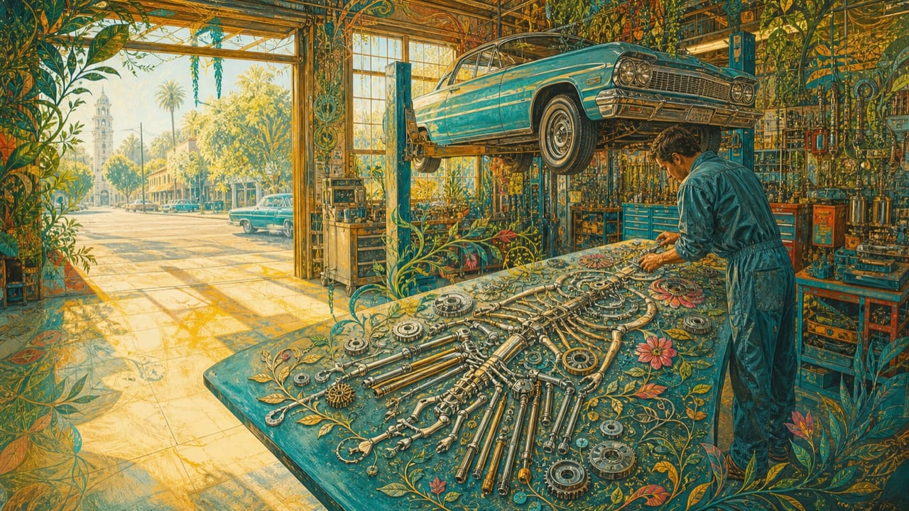 Body Mechanics — A bright illustrated Merced auto garage with a lowrider on a lift, an attentive mechanic and machine parts arranged like an anatomy lesson