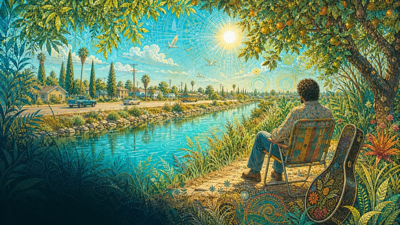 I Gotta Be Alone — An adult songwriter sits alone beside a brilliant turquoise Merced canal beneath an orange tree while distant town life carries on in the sun