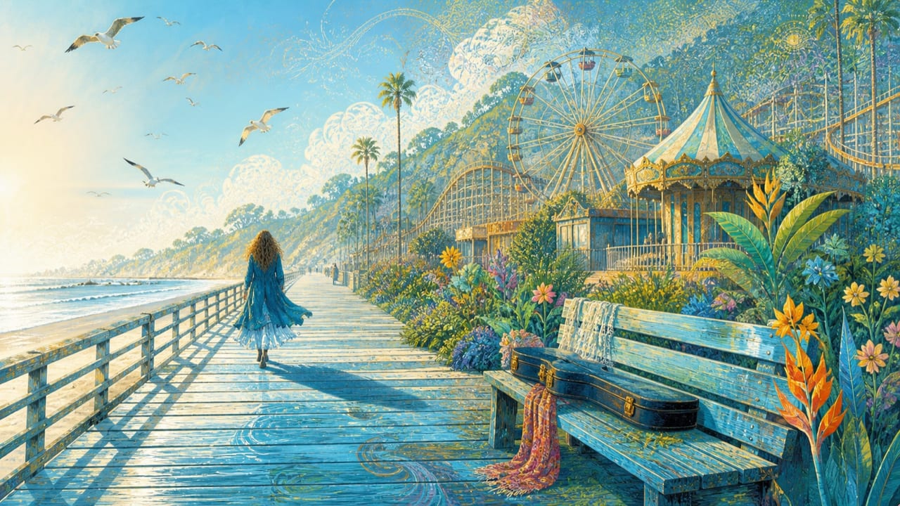 Boardwalk Baby Blue — A luminous blue coastal boardwalk with a woman in a blue coat, closed carnival rides and a guitar case waiting beside the sea