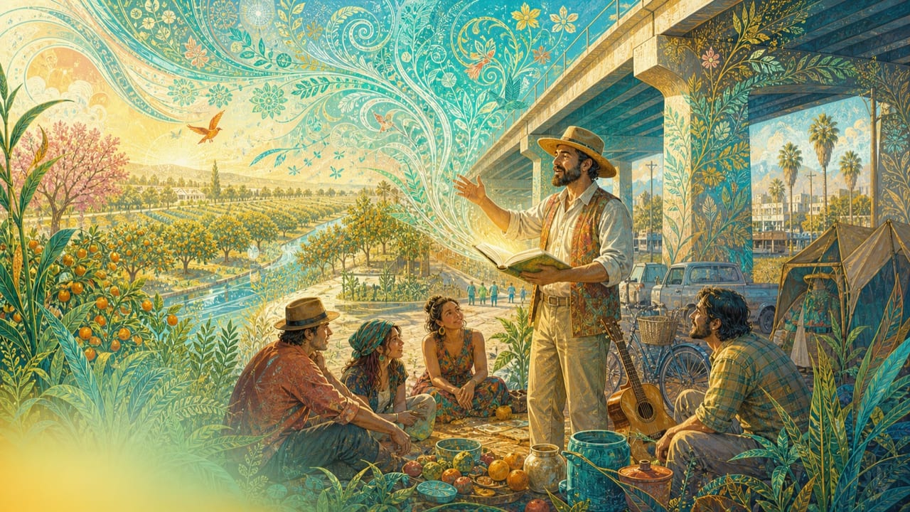 Rev Matthew — An adult street preacher shares food, music and a radiant orchard vision with travelers beneath a bright Merced overpass